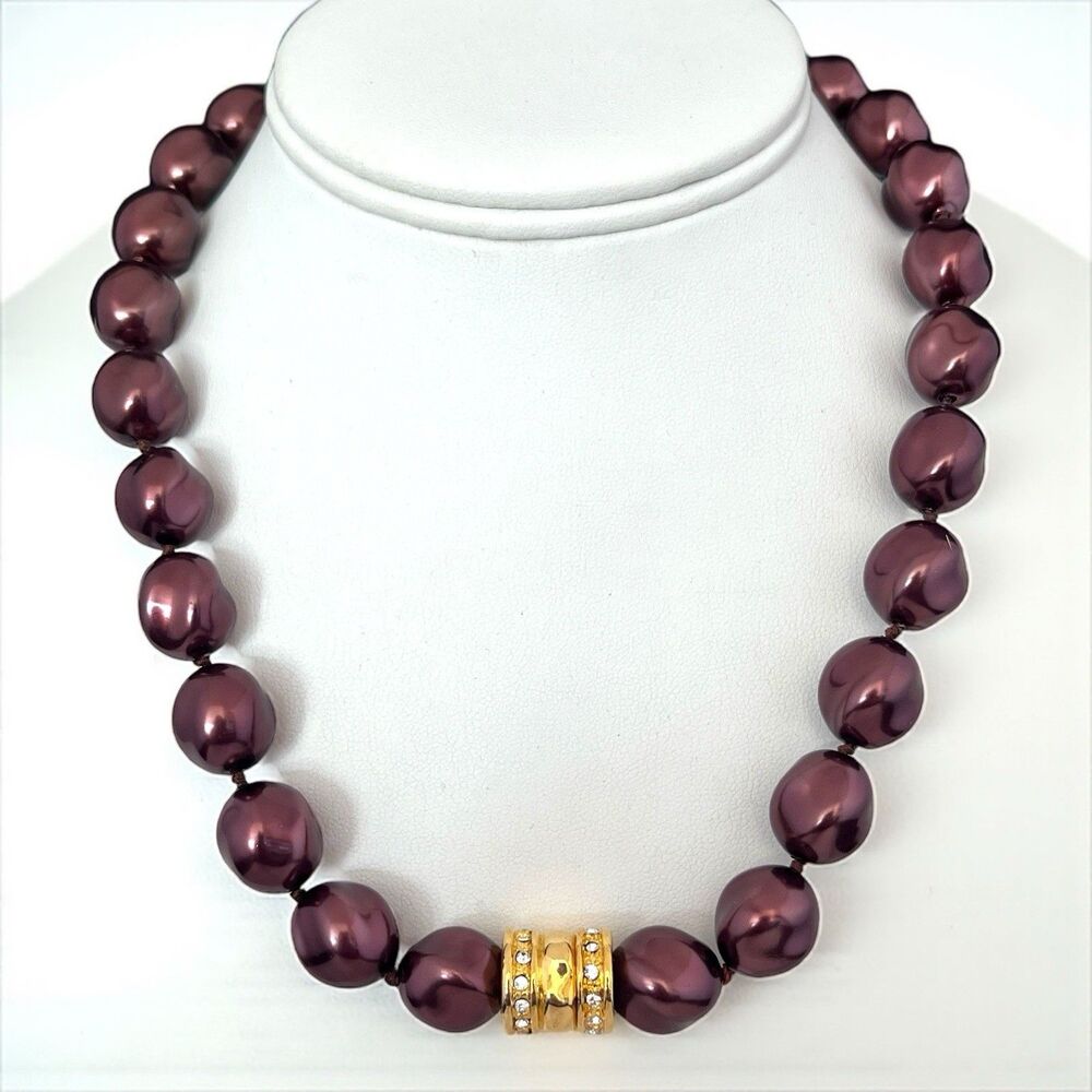 Vintage Necklace Baroque Czech Glass Pearls Magnetic Clasp Crystals - 7P